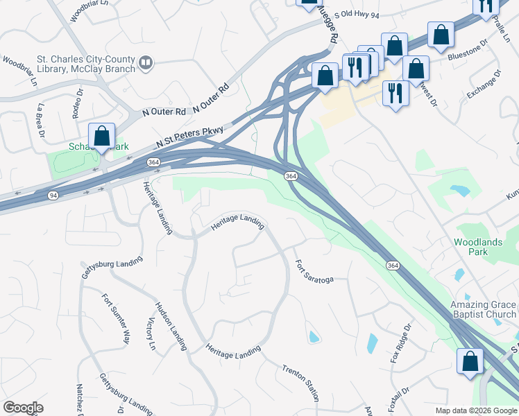 map of restaurants, bars, coffee shops, grocery stores, and more near 1427 Heritage Landing in Saint Charles
