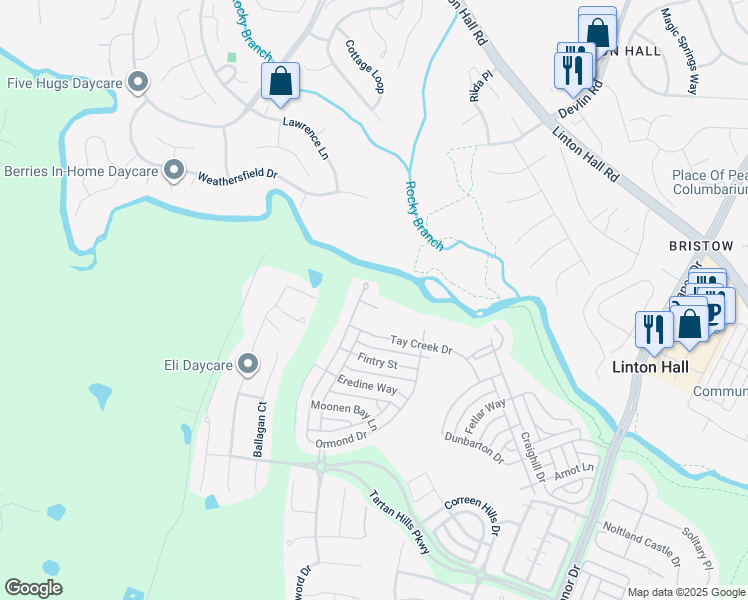 map of restaurants, bars, coffee shops, grocery stores, and more near 9417 Struthers Glen Court in Bristow