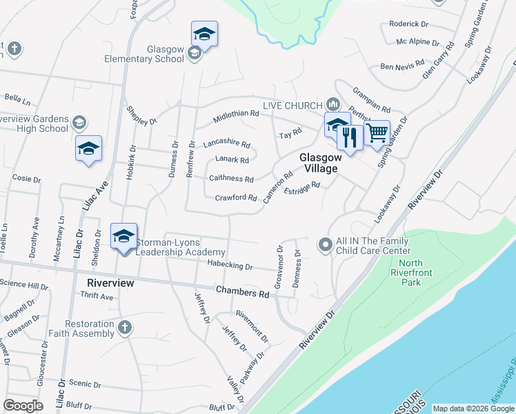 map of restaurants, bars, coffee shops, grocery stores, and more near 354 Cameron Road in St. Louis
