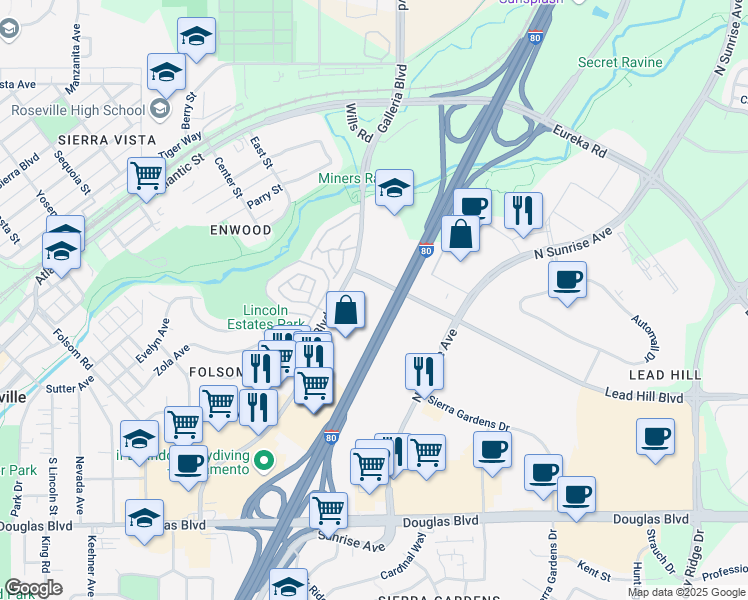 map of restaurants, bars, coffee shops, grocery stores, and more near 250 Harding Boulevard in Roseville