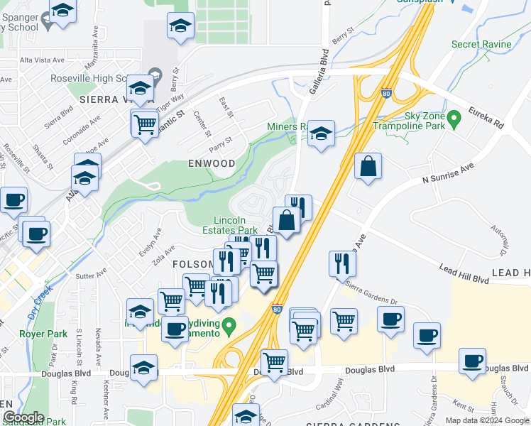 map of restaurants, bars, coffee shops, grocery stores, and more near in Roseville