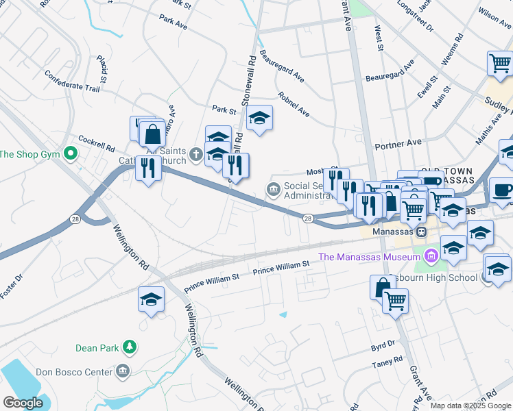 map of restaurants, bars, coffee shops, grocery stores, and more near 9515 Center Street in Manassas