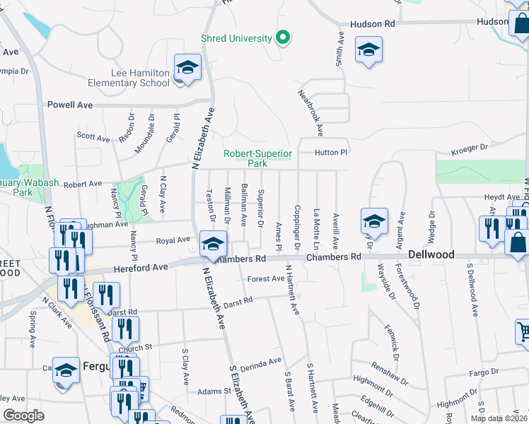 map of restaurants, bars, coffee shops, grocery stores, and more near 323 Ames Place in Ferguson