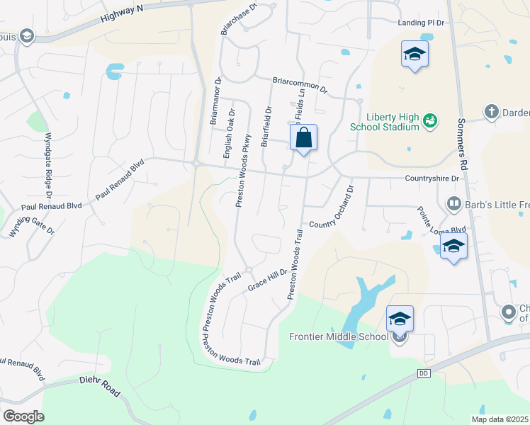 map of restaurants, bars, coffee shops, grocery stores, and more near 1972 Briarfield Drive in Lake Saint Louis