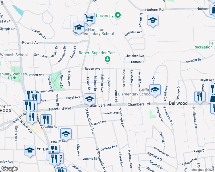 map of restaurants, bars, coffee shops, grocery stores, and more near 415 Superior Drive in Ferguson
