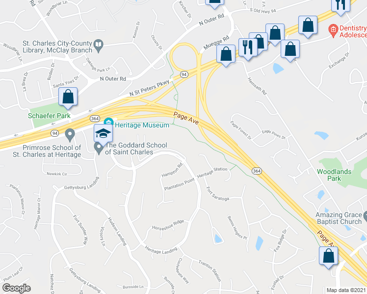 map of restaurants, bars, coffee shops, grocery stores, and more near 1400 Heritage Landing in St. Charles