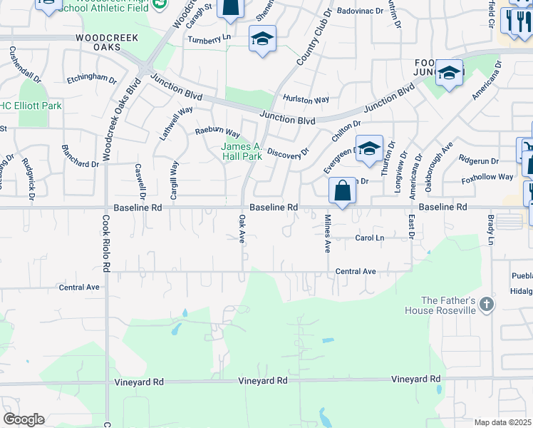 map of restaurants, bars, coffee shops, grocery stores, and more near 2485 Baseline Road in Roseville