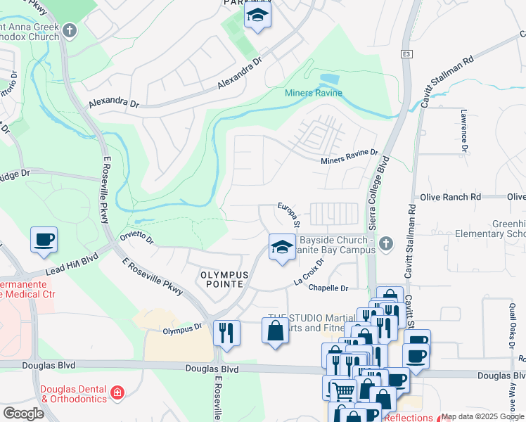 map of restaurants, bars, coffee shops, grocery stores, and more near 3236 Corniche Lane in Roseville