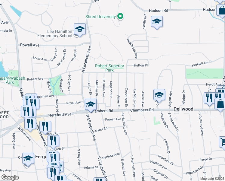 map of restaurants, bars, coffee shops, grocery stores, and more near 323 Ames Place in Ferguson