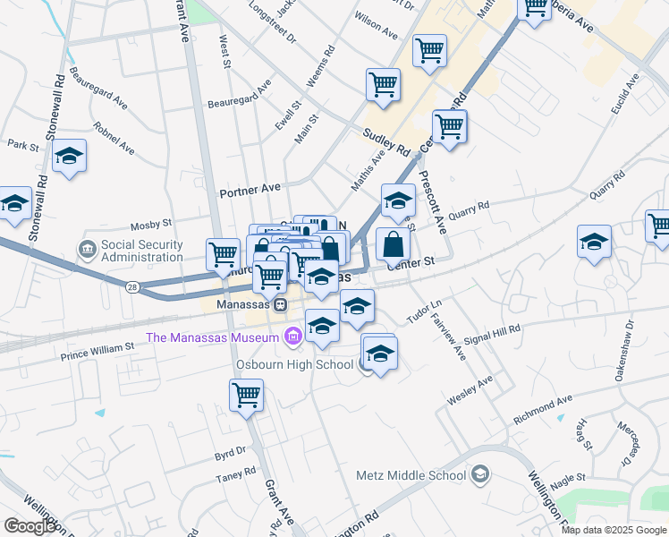 map of restaurants, bars, coffee shops, grocery stores, and more near 9009 Church Street in Manassas