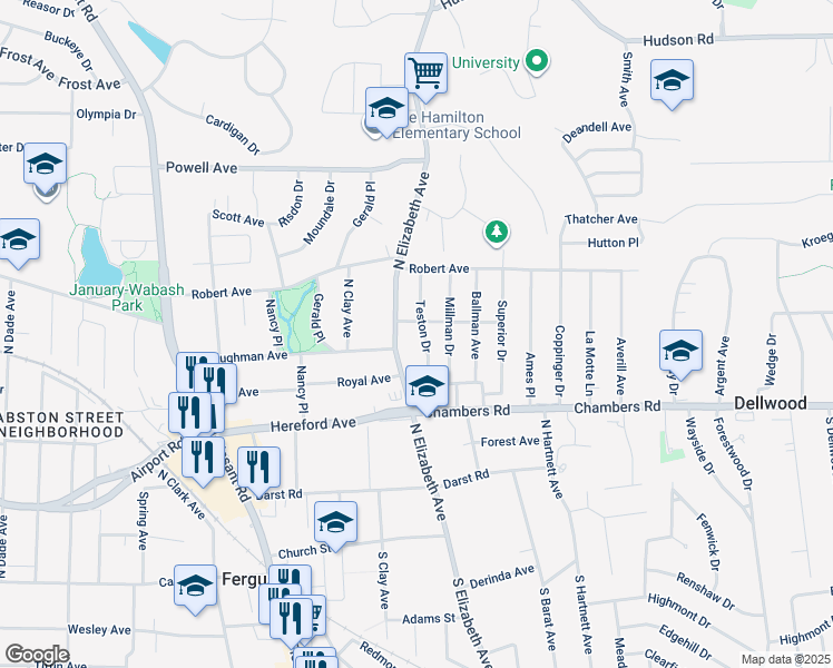 map of restaurants, bars, coffee shops, grocery stores, and more near 328 North Elizabeth Avenue in Ferguson