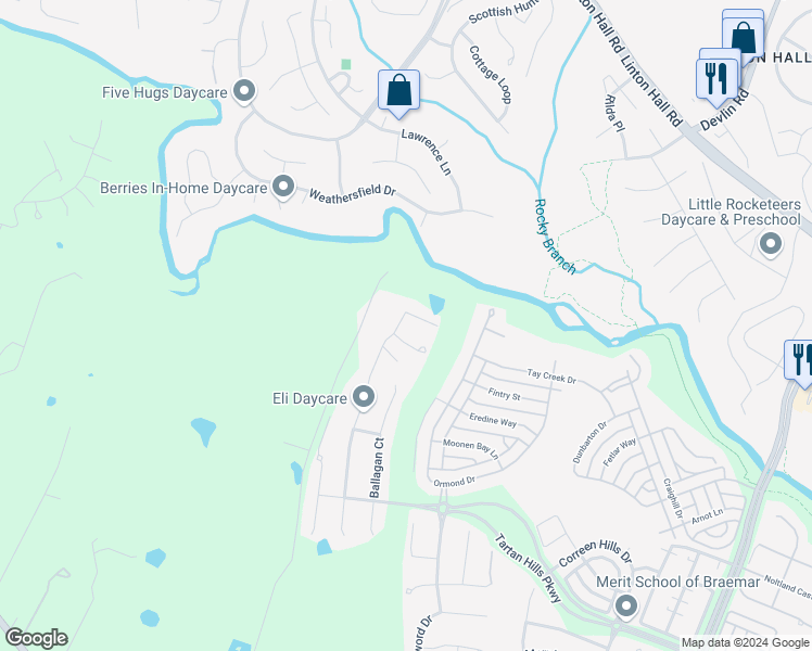 map of restaurants, bars, coffee shops, grocery stores, and more near 9567 Laurencekirk Place in Bristow