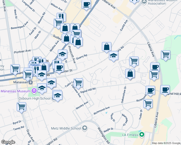map of restaurants, bars, coffee shops, grocery stores, and more near 8840 Lane Scott Court in Manassas