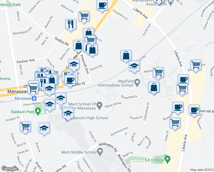 map of restaurants, bars, coffee shops, grocery stores, and more near 8840 Lane Scott Court in Manassas