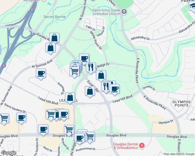 map of restaurants, bars, coffee shops, grocery stores, and more near 1513 Eureka Road in Roseville
