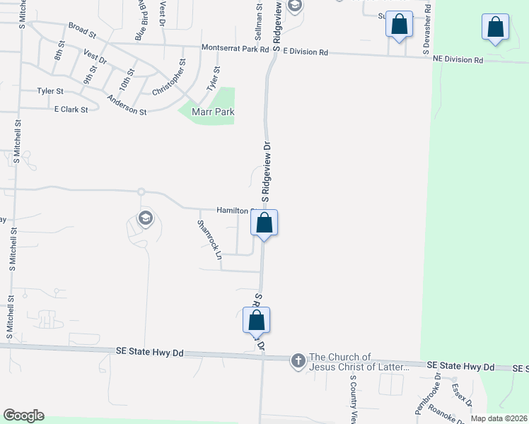 map of restaurants, bars, coffee shops, grocery stores, and more near 744-980 South Ridgeview Drive in Warrensburg