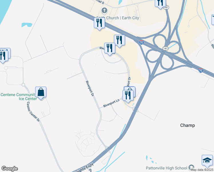 map of restaurants, bars, coffee shops, grocery stores, and more near 3251 Riverport Lane in Maryland Heights