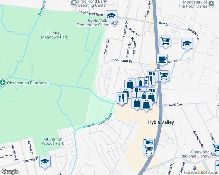 map of restaurants, bars, coffee shops, grocery stores, and more near 7589 Grey Goose Way in Alexandria