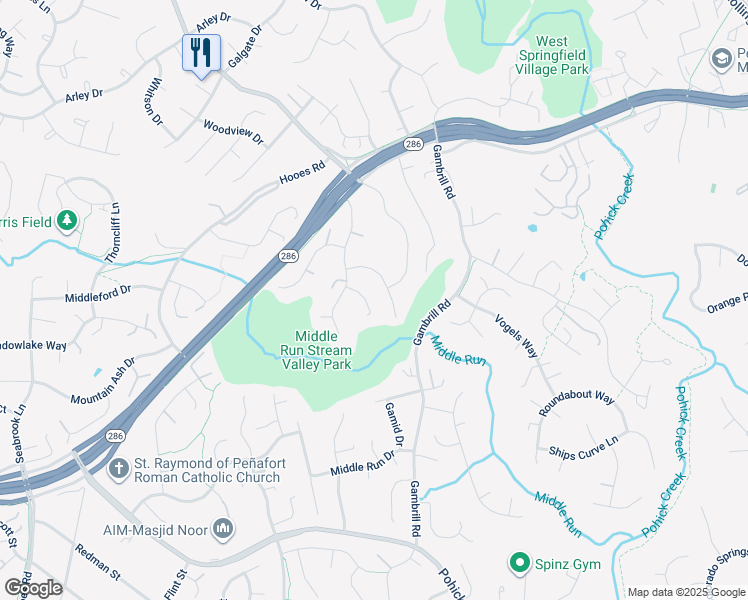 map of restaurants, bars, coffee shops, grocery stores, and more near 8418 Sweet Pine Court in Springfield