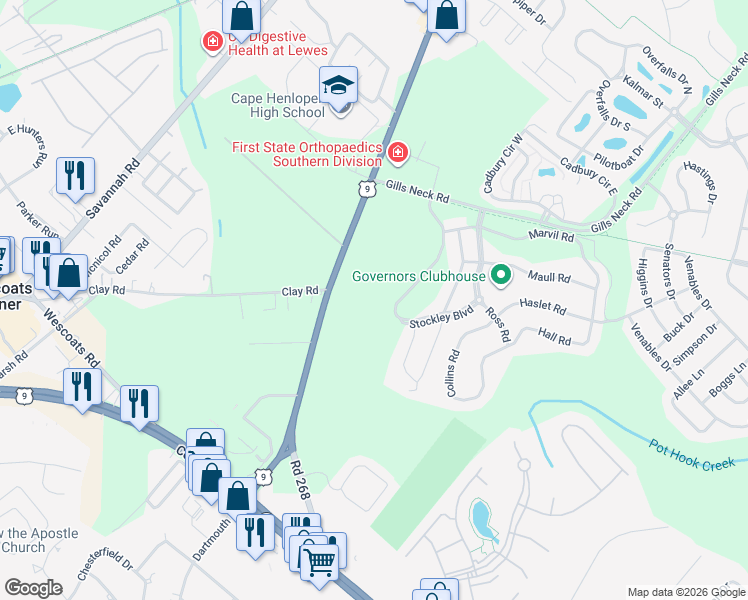 map of restaurants, bars, coffee shops, grocery stores, and more near 16673 Kings Highway in Lewes