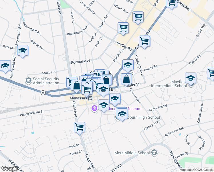 map of restaurants, bars, coffee shops, grocery stores, and more near 9009 Church Street in Manassas