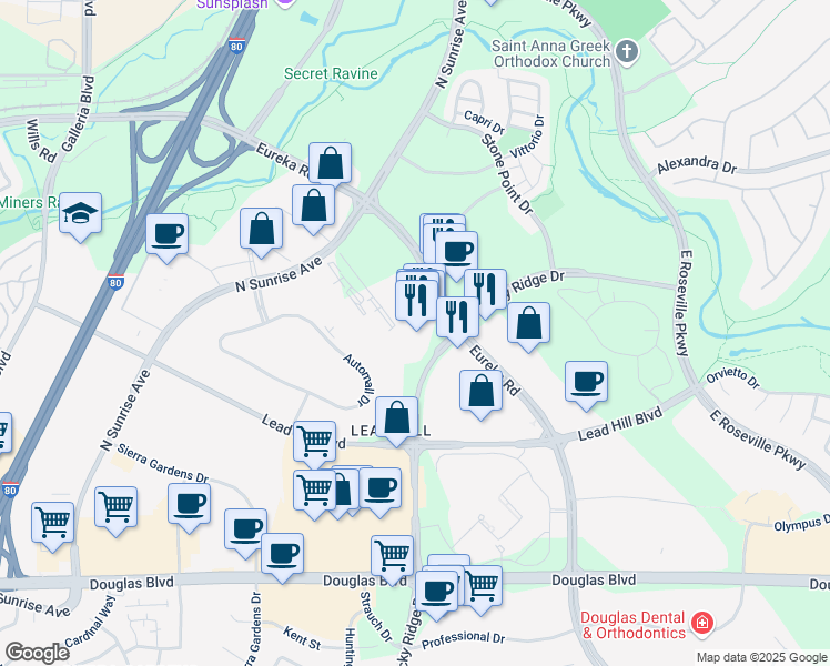 map of restaurants, bars, coffee shops, grocery stores, and more near 1485 Eureka Road in Roseville