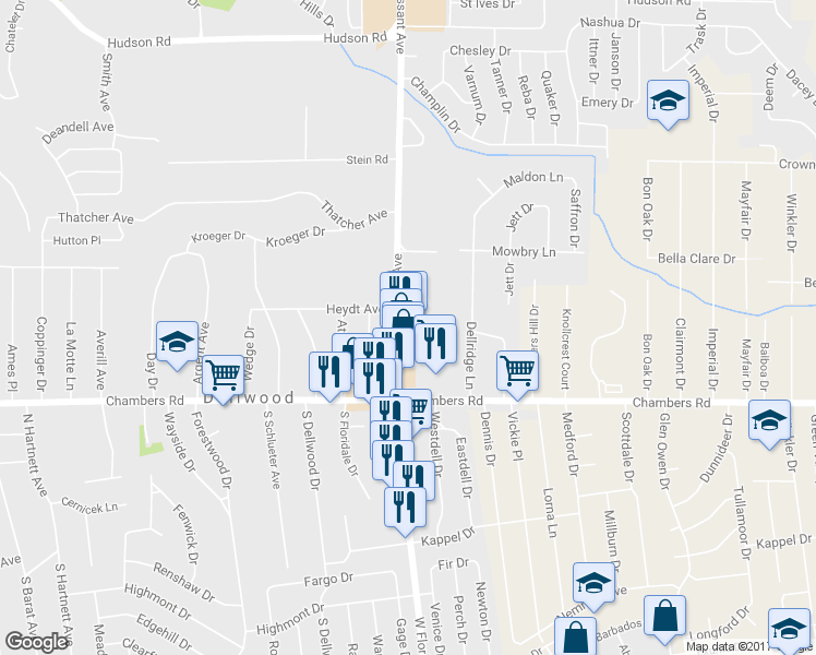 map of restaurants, bars, coffee shops, grocery stores, and more near 10118 West Florissant Avenue in St. Louis