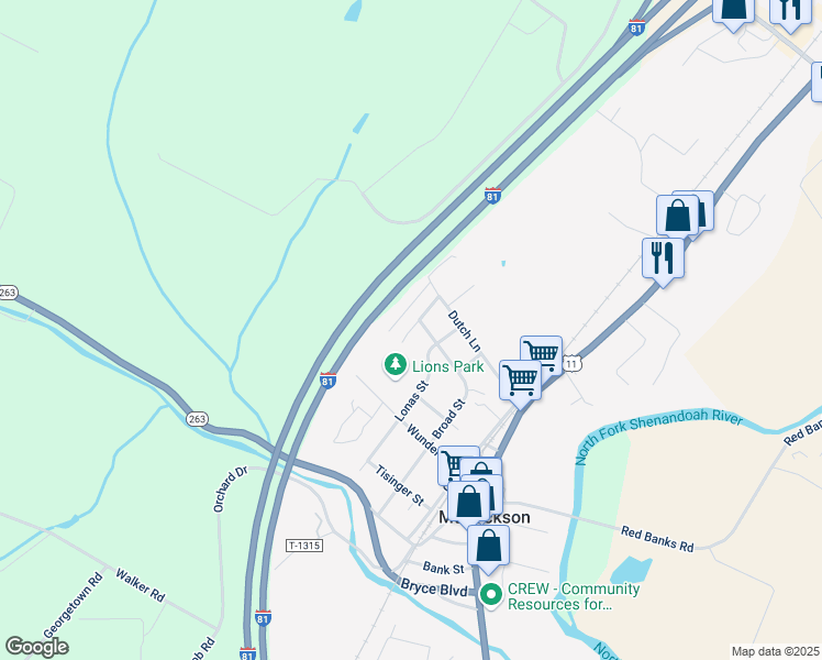 map of restaurants, bars, coffee shops, grocery stores, and more near 5860 Cardinal Street in Mount Jackson