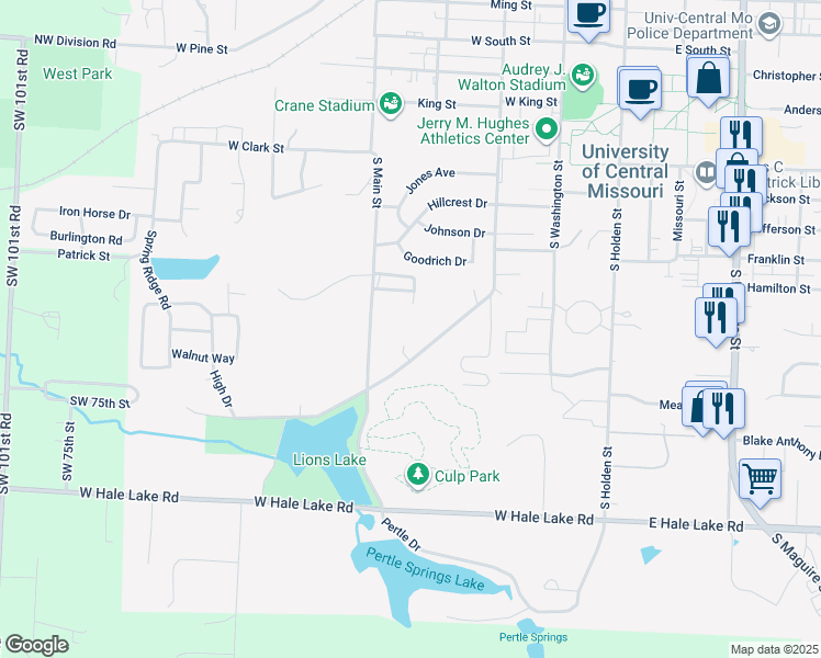 map of restaurants, bars, coffee shops, grocery stores, and more near 405 Southwest Drive in Warrensburg