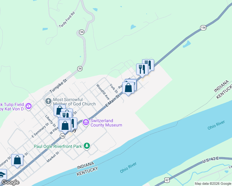 map of restaurants, bars, coffee shops, grocery stores, and more near 605 East Main Street in Vevay