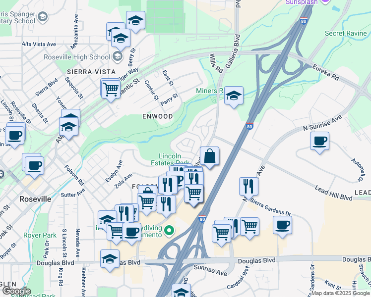 map of restaurants, bars, coffee shops, grocery stores, and more near 235 Macario Court in Roseville