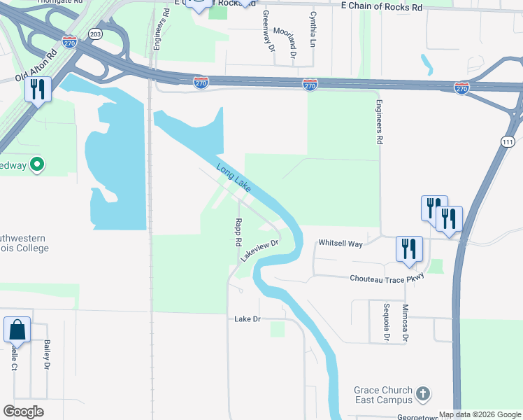 map of restaurants, bars, coffee shops, grocery stores, and more near 5121 Lakeview Drive in Granite City