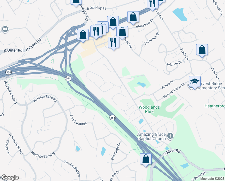 map of restaurants, bars, coffee shops, grocery stores, and more near 2318 Ashley Place Drive in Saint Charles