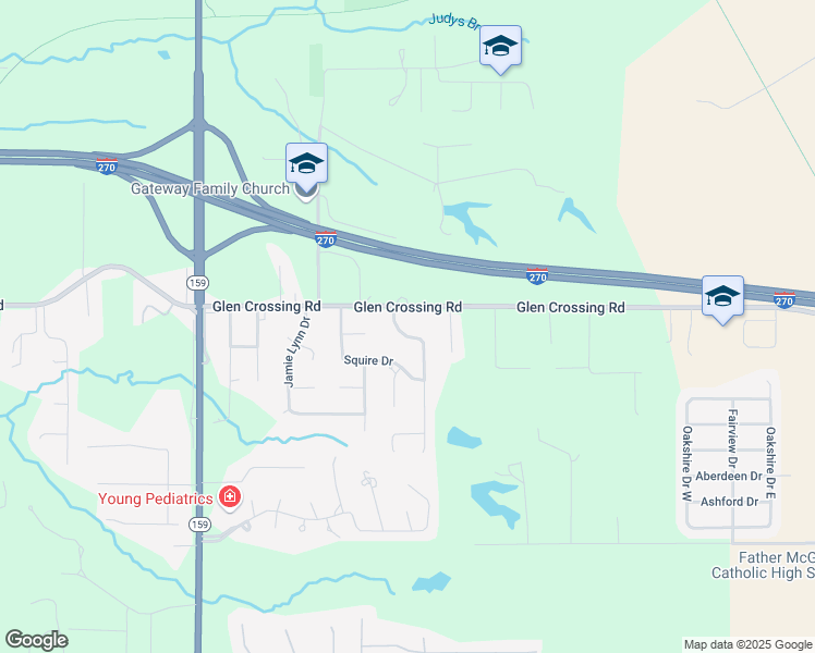 map of restaurants, bars, coffee shops, grocery stores, and more near 40 Waterford Lane in Glen Carbon