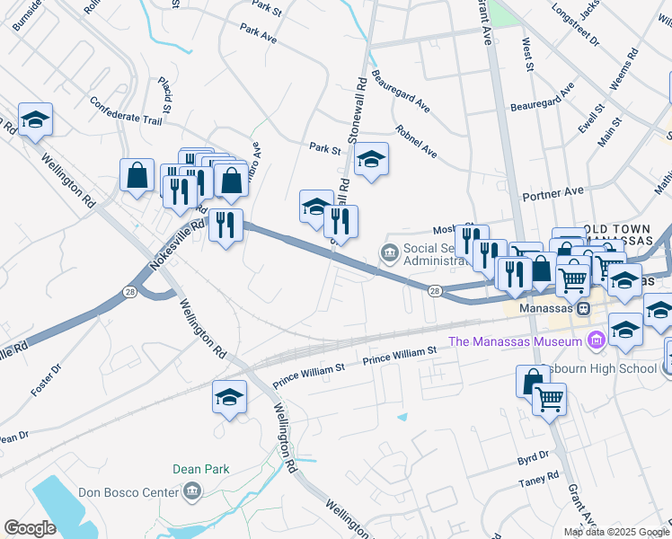 map of restaurants, bars, coffee shops, grocery stores, and more near 9403 Stonewall Road in Manassas