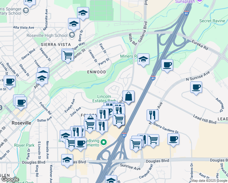 map of restaurants, bars, coffee shops, grocery stores, and more near 235 Macario Court in Roseville