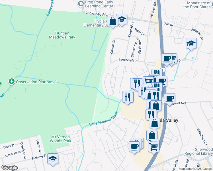 map of restaurants, bars, coffee shops, grocery stores, and more near 7533 Lindberg Drive in Alexandria