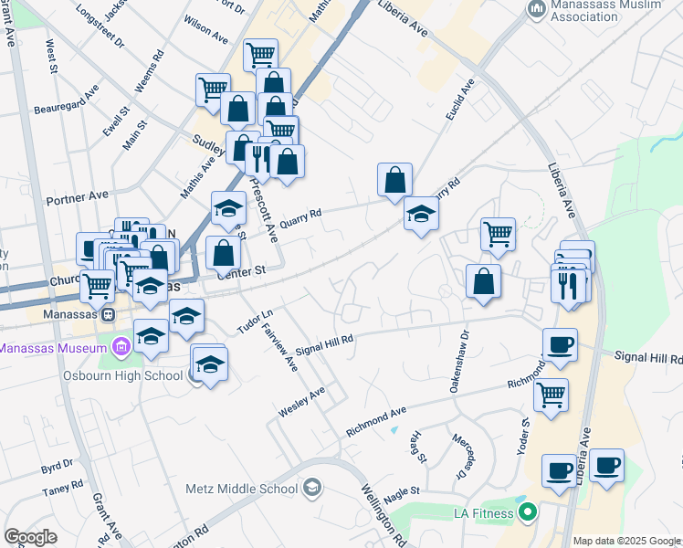 map of restaurants, bars, coffee shops, grocery stores, and more near 8830 Lane Scott Court in Manassas