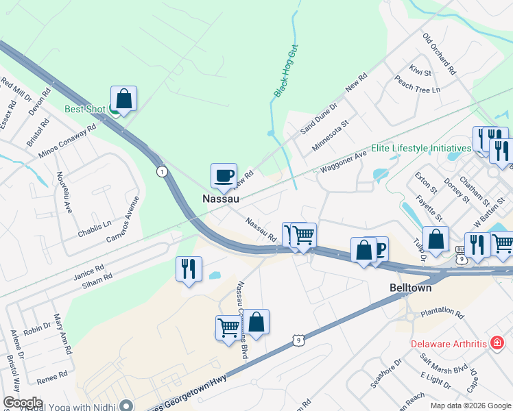 map of restaurants, bars, coffee shops, grocery stores, and more near 32245 Nassau Road in Lewes