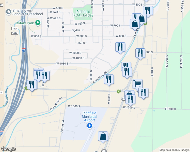 map of restaurants, bars, coffee shops, grocery stores, and more near 1180 Cove View Road in Richfield
