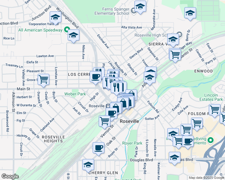 map of restaurants, bars, coffee shops, grocery stores, and more near 106 Church Street in Roseville