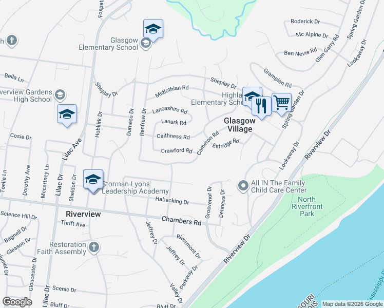 map of restaurants, bars, coffee shops, grocery stores, and more near 354 Cameron Road in St. Louis