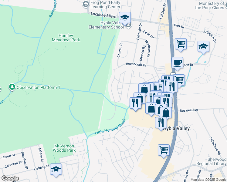 map of restaurants, bars, coffee shops, grocery stores, and more near 7533 Lindberg Drive in Alexandria