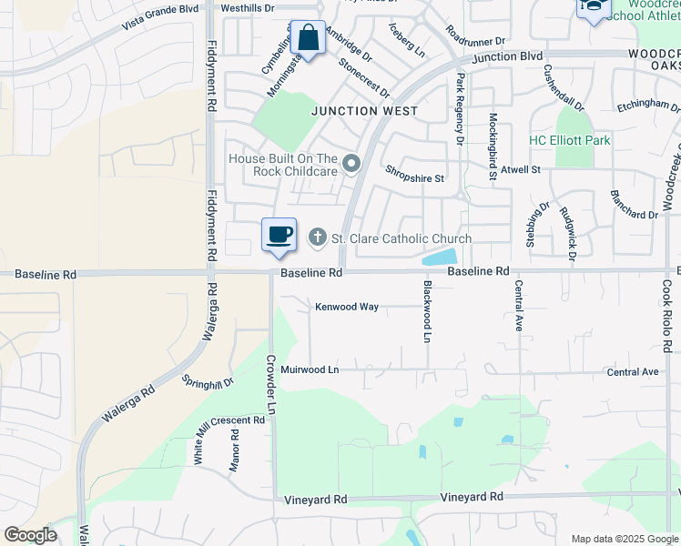 map of restaurants, bars, coffee shops, grocery stores, and more near Baseline Road & Junction Boulevard in Roseville