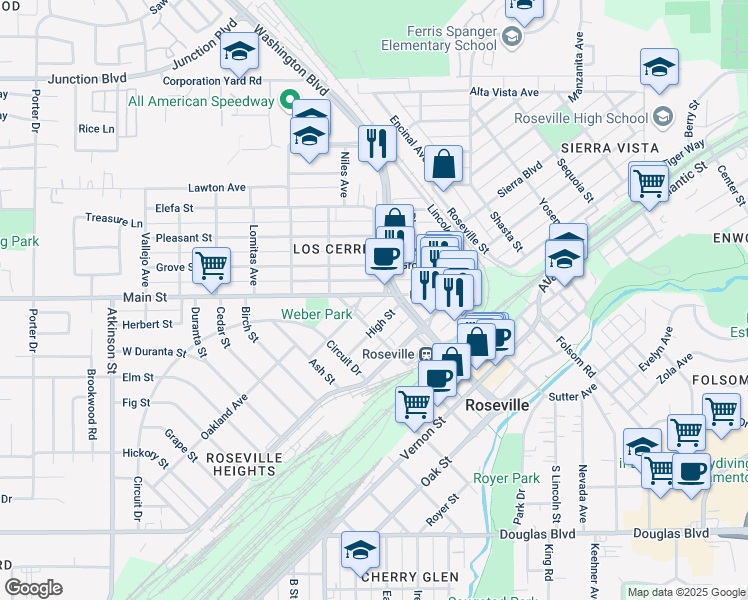 map of restaurants, bars, coffee shops, grocery stores, and more near in Roseville