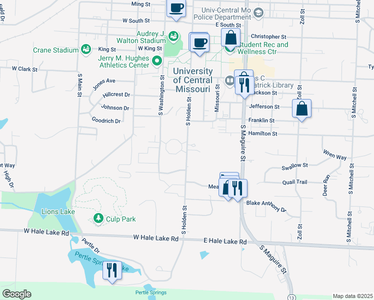 map of restaurants, bars, coffee shops, grocery stores, and more near 900 South Holden Street in Warrensburg
