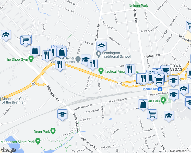 map of restaurants, bars, coffee shops, grocery stores, and more near 9561 Center Street in Manassas
