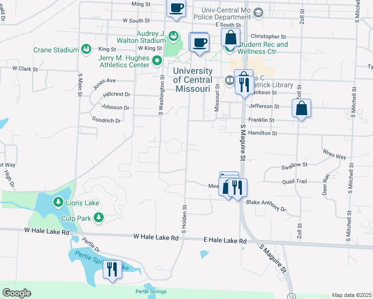 map of restaurants, bars, coffee shops, grocery stores, and more near 900 South Holden Street in Warrensburg