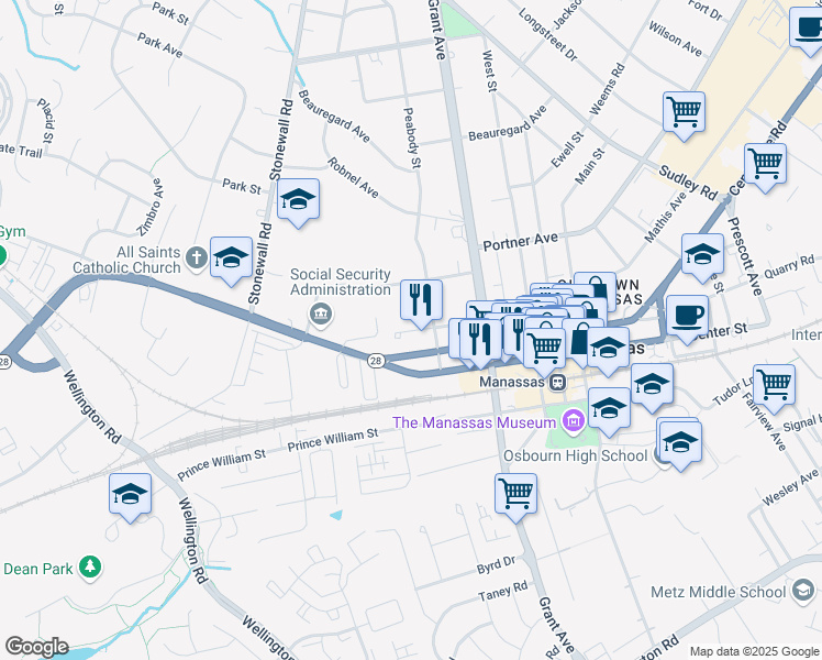map of restaurants, bars, coffee shops, grocery stores, and more near 9311 Lee Avenue in Manassas