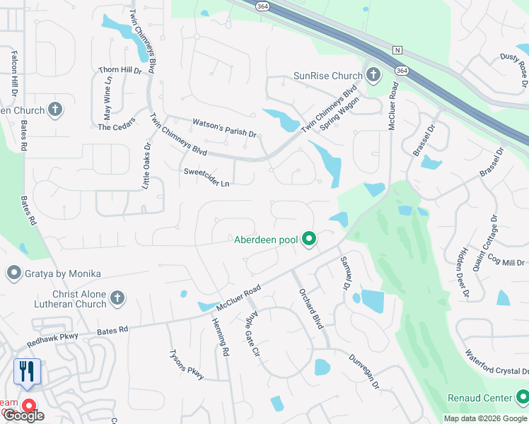 map of restaurants, bars, coffee shops, grocery stores, and more near 2401 Macpherson Drive in O'Fallon
